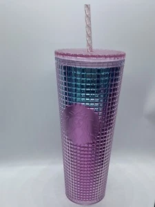 New Starbucks Pink & Blue Grid 24 oz Teal Cold Cup Tumbler Summer 2021 - Picture 1 of 8