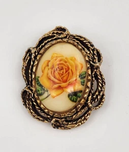 Vintage Porcelain Oval Pin Brooch Yellow Roses Golden Ornate Metal Frame - Picture 1 of 10