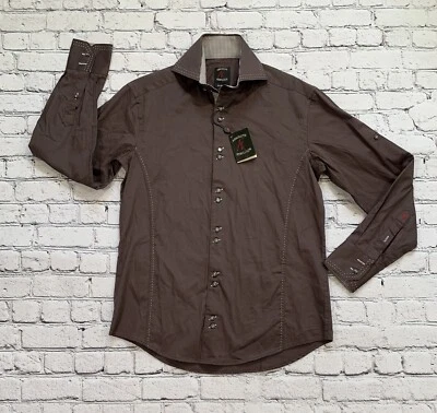 Nuevo con etiquetas Absolute Rebellion Para hombres S Calce Ajustado Marrón Punto Grueso con Puño Abatible de Guinga Foto 1 de 4