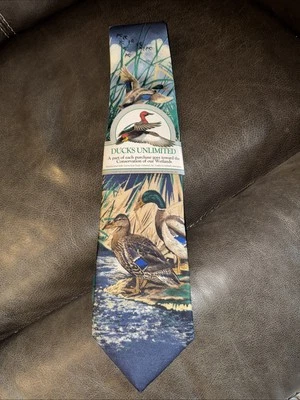 Ducks Unlimited Necktie Tie Nwt Gift New Water Scene Mallard Blue All Silk -E - Image 1 of 4