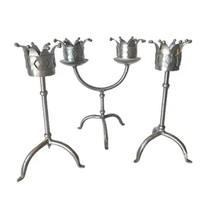 Unusual Set Of 3 Silver Tone Crown Topped Candelabra Candle Holders - Picture 1 of 12