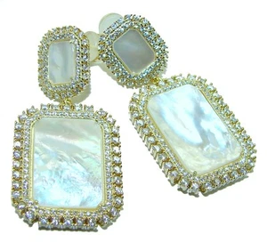Blister Pearl & Lab Diamond Earrings 18K Gold 925 Silver Rectangular - Picture 1 of 4