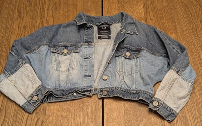 GAP Teen Jean Jacket Patchwork Crop Slouchy 3/4 Sleeve Size L - Image 1 of 4