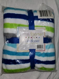 NEW 2015 Little Starters Baby Blanket Blue Green Gray White Stripe - Picture 1 of 8