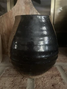 Vintage Partially Glazed Black Art Studio Pottery Handmade Vase Signed 5.75” T - Picture 1 of 5