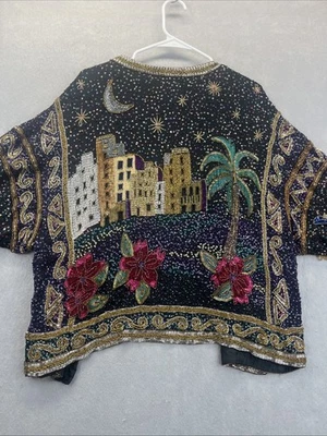 Sequin Arabian Desert Night Scene Black Beaded Jacket Silk Size L Vintage 80s - Image 1 of 4