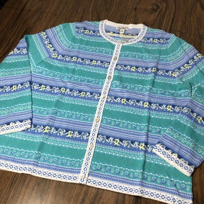 Cardigã suéter APPLESEED'S edição limitada miçangas Fair Isle feminino GG nórdico - Imagem 1 de 4