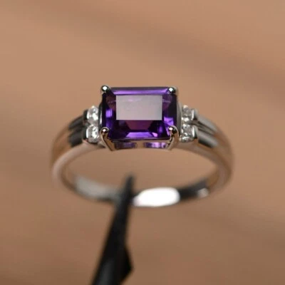 Natural Amethyst Women Ring Natural Gemstone Emerald Cut 925 Sterling Silver - Image 1 of 4