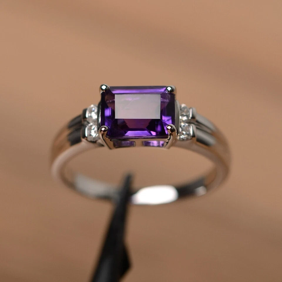 Natural Amethyst Women Ring Natural Gemstone Emerald Cut 925 Sterling Silver - Image 1 of 4
