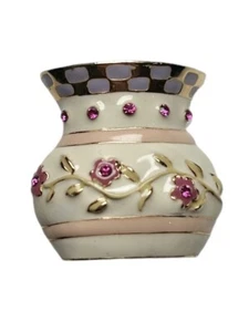 Flower Vase Pin Brooch 1” Floral Textured Design Gold Tone Pink Jewel Rhinestone - Picture 1 of 4