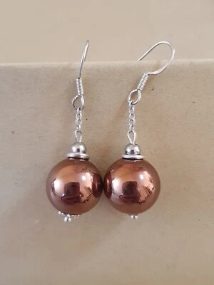  Lange Ohrringe , Perlen Braun Gold Farbe  D 14mm,  925 Silber  - Bild 1 von 2