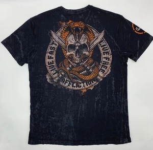 Affliction Shirt Size L Live Fast Live Free Distressed Snake Skulls Black Orange - Picture 1 of 8
