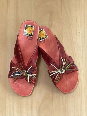 Think! Pantolette Riemchen Schleife Fransen Leder Holzsohle rot bunt 37 Sandalen - Bild 1 von 4
