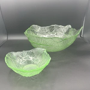Vintage VIKING Glass Spring Green Cabbage Leaf Salad Serving Bowl And Salad Bowl - Picture 1 of 13