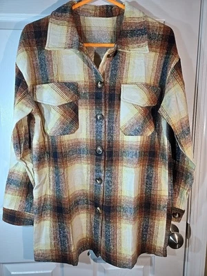 Camisa de franela marrón/ámbar/crema tonos bolsillos delanteros para mujer talla M Foto 1 de 4
