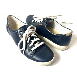 ECCO Shoe Womens EU 39 US 8-8.5 Comfort Casual Sneaker Navy Blue Leather Lace Up - Picture 1 of 11