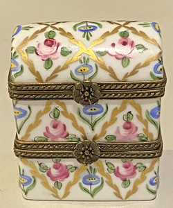 LIMOGES PEINT MAIN HINGED Trinket Ring / Jewelry Box-RARE DOUBLE STACK w/ ROSES - Picture 1 of 14