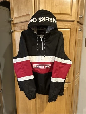 Members Only Jacket Mens  XL. White Black Red Hooded Anorak Windbreaker Half Zip - Image 1 of 4