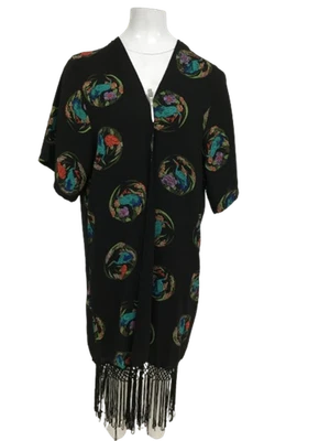 BIBA Ladies Small Black Fringed Open Shrug Floral Bird Design Pre-Loved Classic - Image 1 of 4