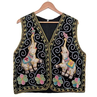 Chaleco Elefante Bordado Vintage Talla UK 14-16 Chaleco Kalaga Cuentas Boho Foto 1 de 4