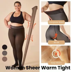 Women Sheer Warm Pantyhose Fake Translucent Fleece Winter Tights - Picture 1 of 13