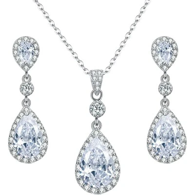 White gold finish clear stone created diamond pear cut earring and necklace - Image 1 of 3