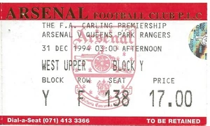ARSENAL V QUEENS PARK RANGERS ~ 31 DE DICIEMBRE DE 1994 ~ TALÓN DE BOLETO DE PARTIDO - Imagen 1 de 1