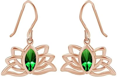 Simulated Emerald Lotus Flower Dangle Earrgs For Her 14k Gold Plated Silver - Image 1 of 3