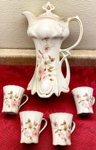 NIPPON ART NOUVEAU STYLE COFFEE TEA POT w 4 CUPS CHERRY BLOSSOMS GR84 EASTER VGC - Picture 1 of 5
