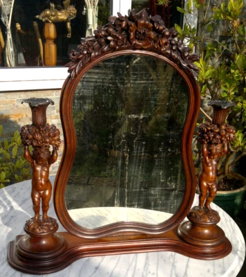 Espejo de mesa candelabro putto tallado en la Selva Negra francesa antiguo C1870 Foto 1 de 4