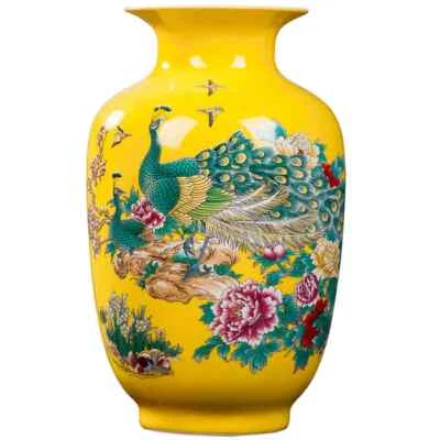 Jarrón Jingdezhen Cerámica Amarillo Pavo Real Nuevo Hogar Chino Diseño de Escritorio Living Foto 1 de 4
