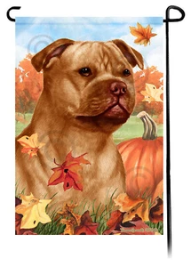 Falling Leaves Garden Flag - Orange Staffordshire Bull Terrier - Picture 1 of 1