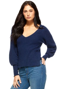 Sofia Jeans x Sofia Vergara Women V Neck Slim Sweater Small Blouson Sleeves Navy - Picture 1 of 10