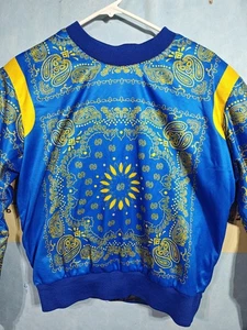 Bandana Paisley Sweatshirt Mens XS Blue Yellow Satin Pullover Zip Cuffs - Picture 1 of 9