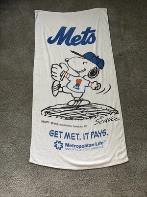ВИНТАЖНОЕ белое полотенце New York Mets MLB MetLife Snoopy Peanuts промо подарок 90-е - Изображение 1 из 4