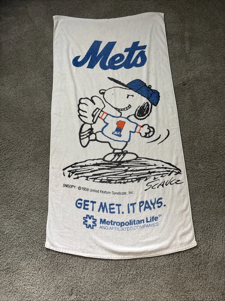 New York Mets VINTAGE Toalla Blanca MLB MetLife Snoopy Peanuts Promo Giveaway Años 90 Foto 1 de 4