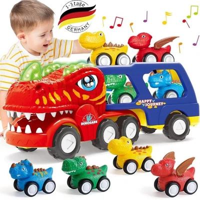 MARKENLOS Dinosaurier Spielzeug ab 3 Jahre 5 Stück Truck Spielzeug mit Lichtern und Tönen