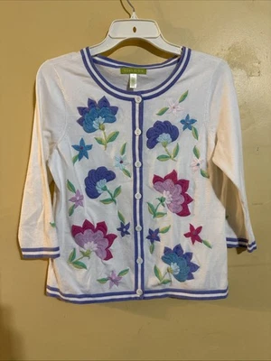 Cárdigan Suéter Sigrid Olsen Blanco Floral Bordado Botón Algodón Nylon Pequeño Foto 1 de 4