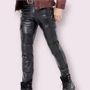 Men's Cowhide Leather Black Biker Pant With Multiple Zipper Pocket Slim Fit Pant - Picture 1 of 4