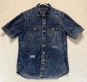 Rocawear Shirt Mens Medium Blue Denim Cotton Distressed Button Up Everyday Wear - Picture 1 of 14