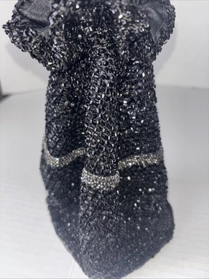 Vintage Drawstring Beaded Bucket Evening Bag Purse Black Silver 1940s? - Image 1 of 4