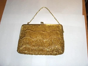 Bolso sin asas vintage de los años 50 Mister Ernest con cuentas de vidrio dorado cadena - Imagen 1 de 7