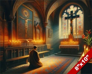 MAN IN HUMBLE PRAYER IN BEAUTIFUL CHAPEL CHRISTIAN ART PAINTING CANVAS PRINT - Picture 1 of 5