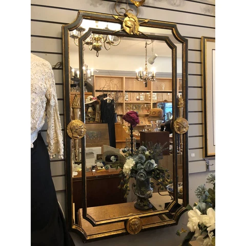 Antique or Vintage Mirror Neoclassical Regency Empire Style Gilded Black Wood Cover