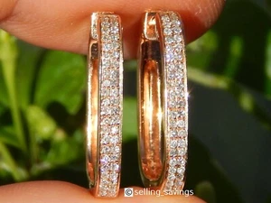 14K ROSE GOLD EFFY DIAMOND PAVE 1 INCH RECTANGLE LEVERBACK HOOP EARRINGS - Picture 1 of 11