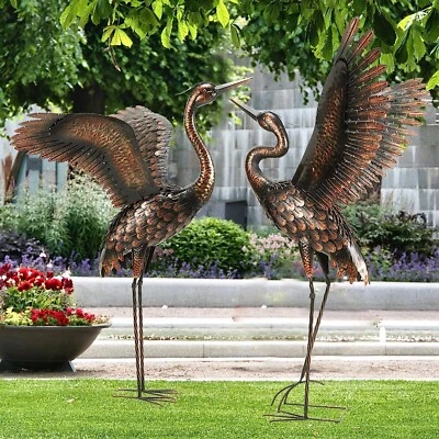 Heron Garden Decor Crane Statue 2 Set Metal Bird Art Outdoor Sculptures Statues - Image 1 of 4