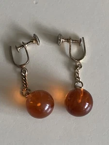 Vintage Screw Back Clip Earrings, Amber Beads, Gold Tone 1.5” - Picture 1 of 4