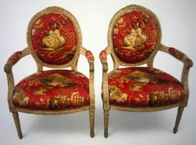 French Chair Chinoiserie Toile Red Quilted Asian Scene Chairs Matching PAIR - Image 1 of 4