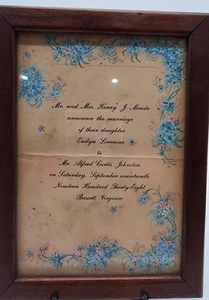 Vintage gerahmte handbemalte Hochzeitsankündigung 1938 Bassett, Virginia - Bild 1 von 7