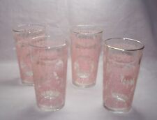 VTG. MCM LOT OF 4 TUMBLERS  HORSE & BUGGY CARRIAGE GRAPHIC PINK DRINKING GLASS